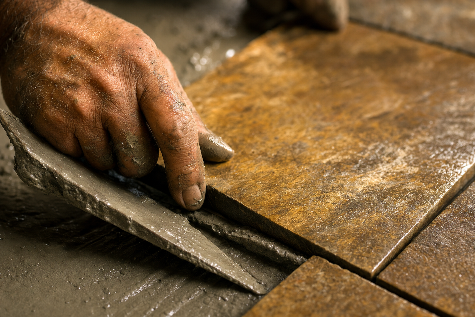 Close-up of a craftsman setting natural stone tile by hand