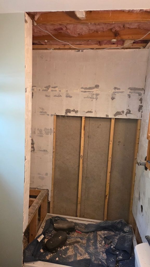 Shower fully demolished down to the studs, ready for new tile installation