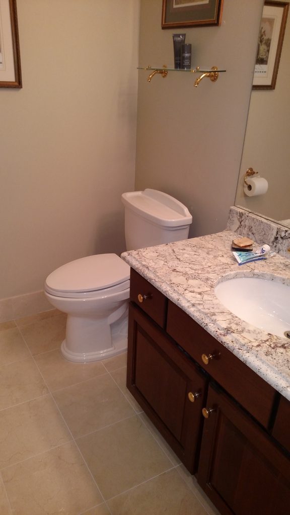 Bathroom with large-format natural stone tile floor, granite vanity, and toilet