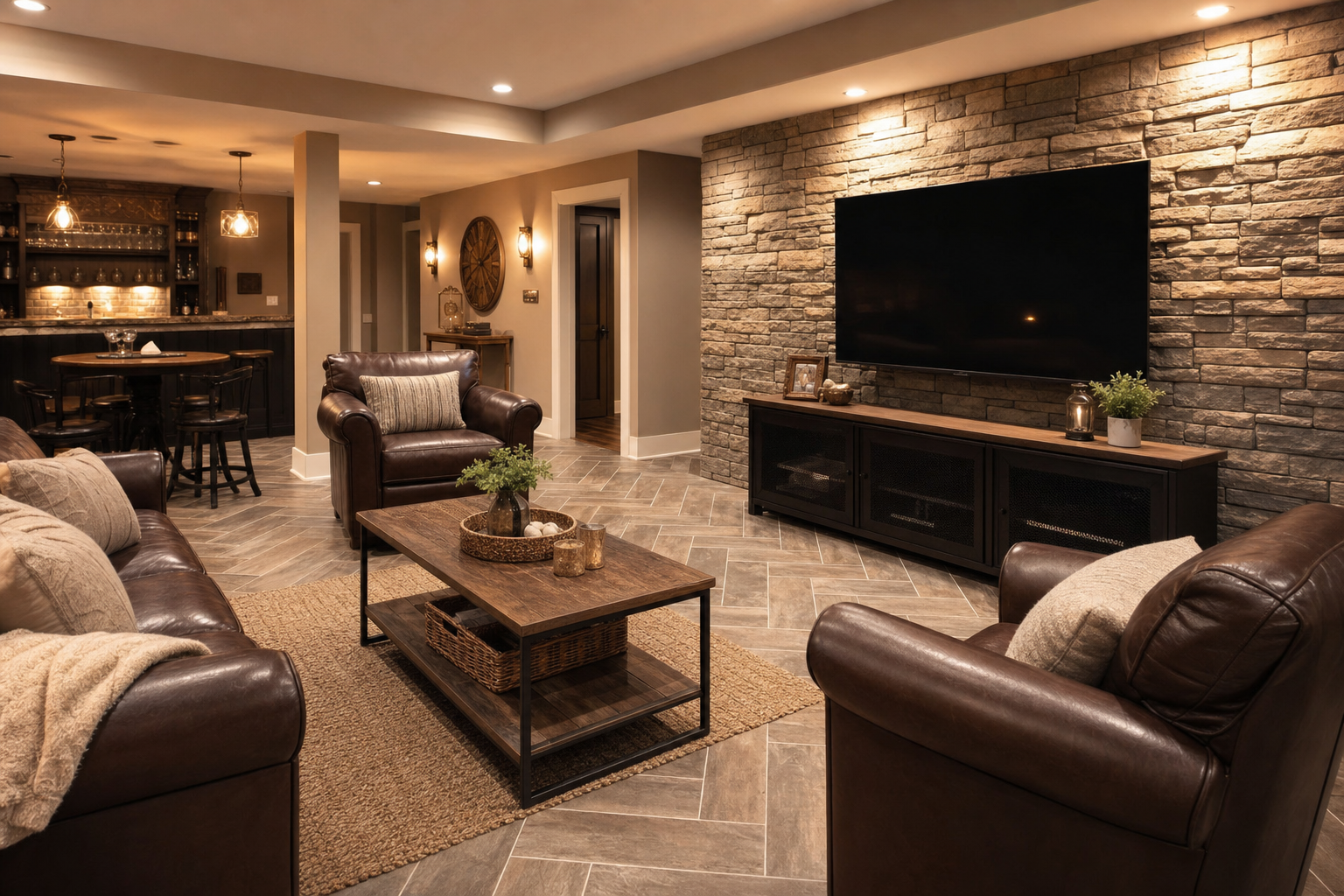 Finished basement with stone-look tile flooring and stone accent wall