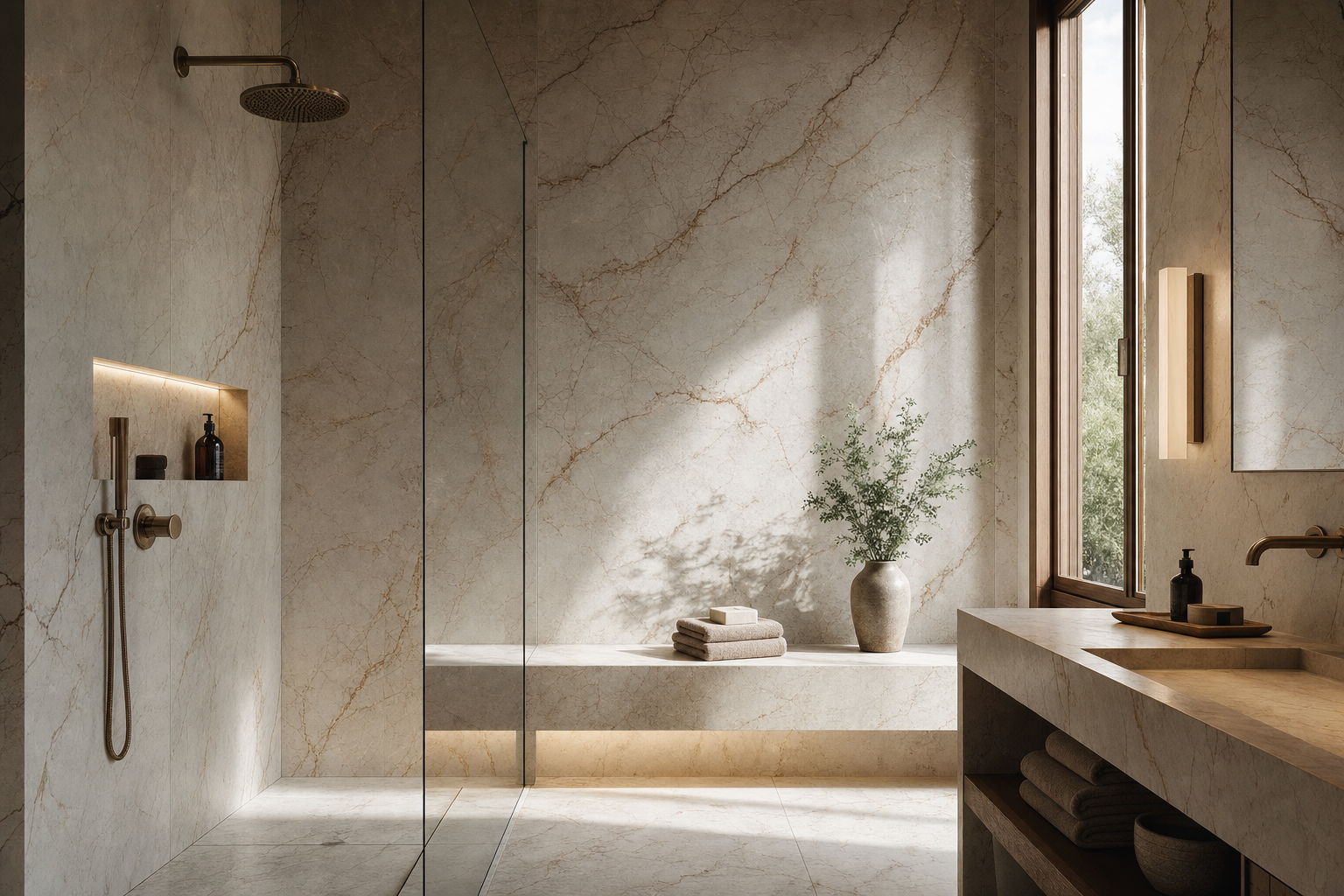 Bathroom shower with natural stone slab tile