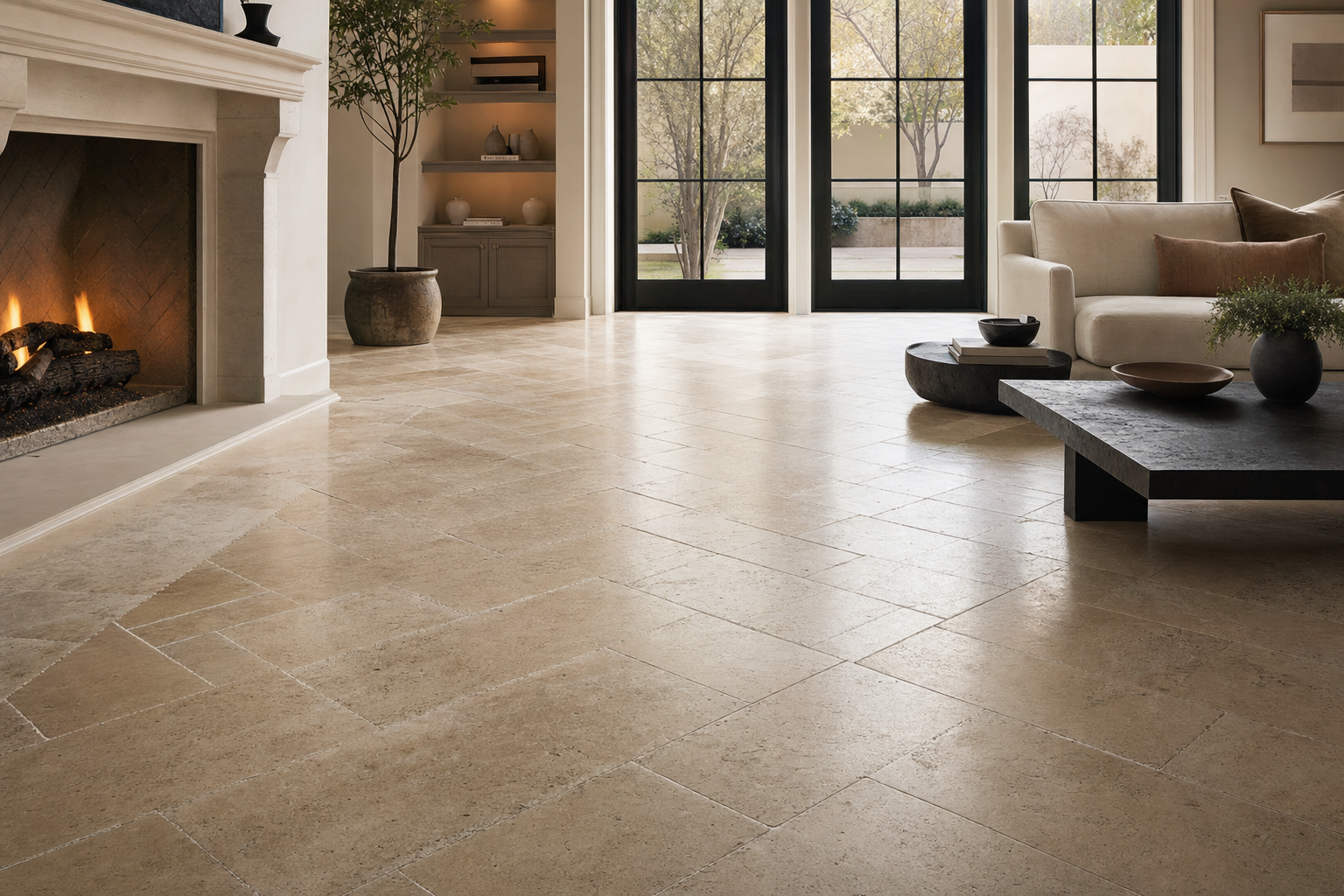 Living room with large-format natural stone flooring