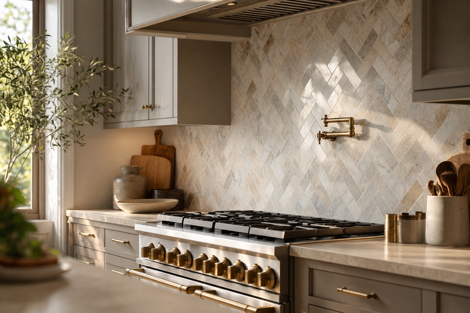 Kitchen with natural stone herringbone tile backsplash