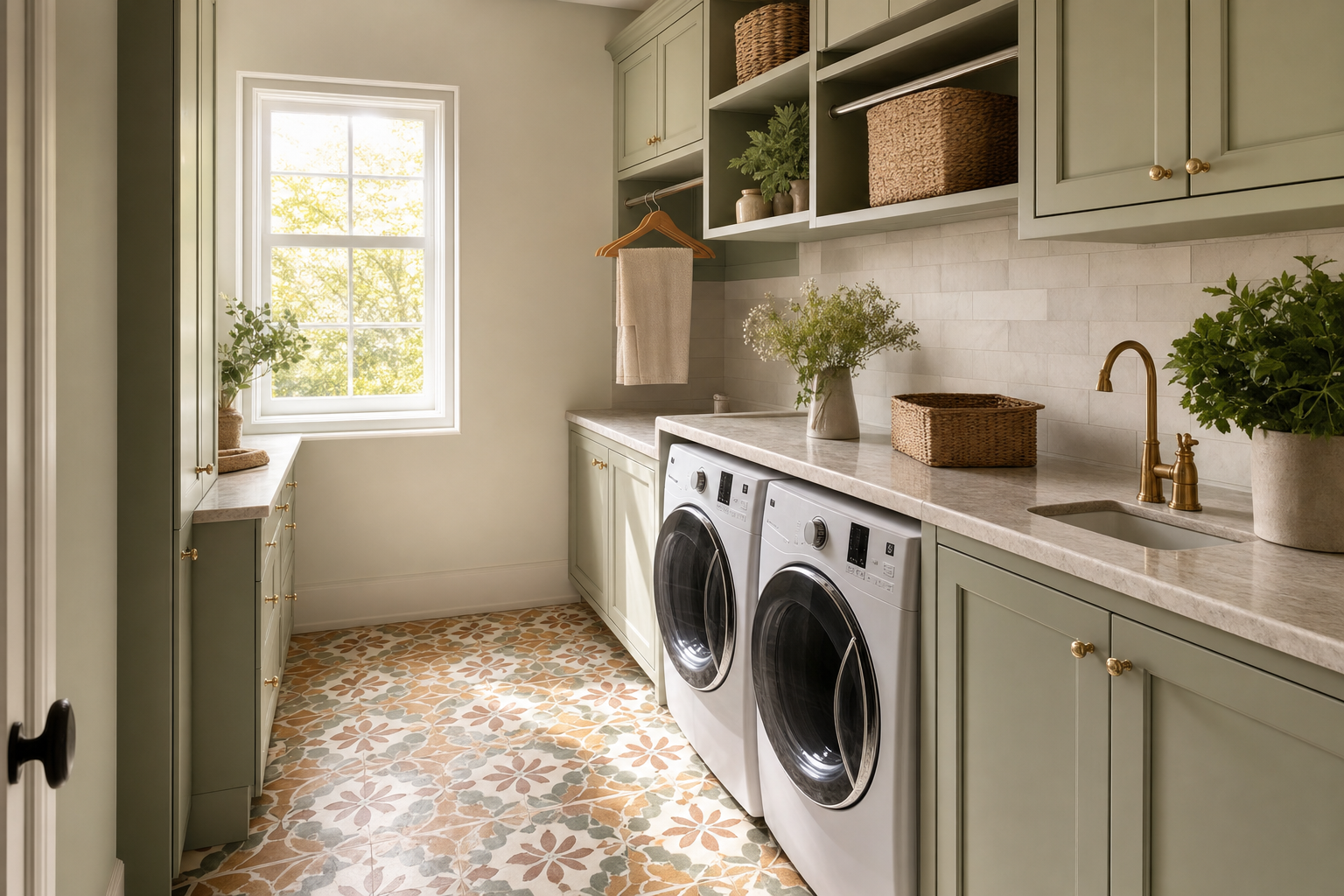 Laundry room with patterned tile flooring