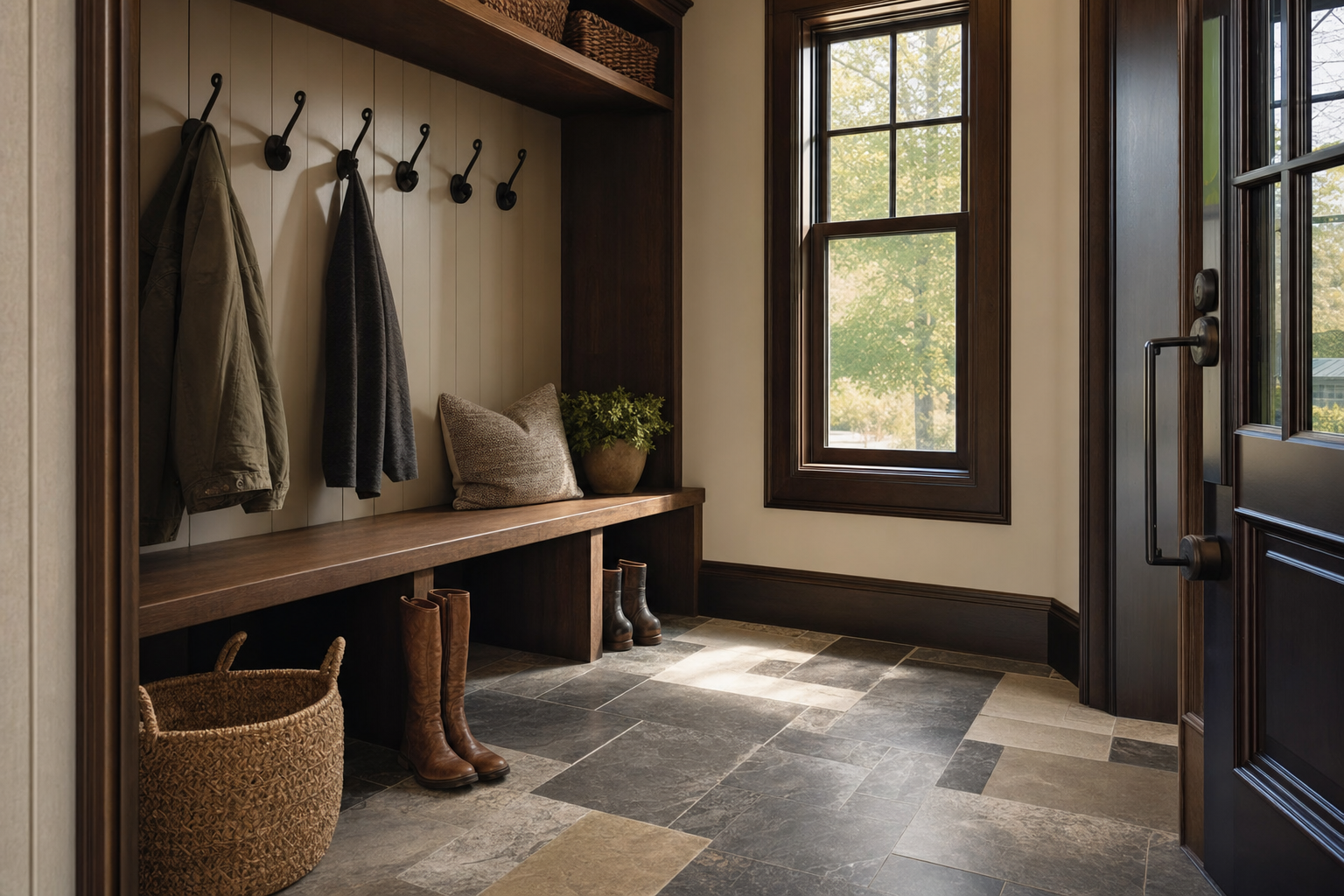 Mudroom entryway with durable stone tile flooring